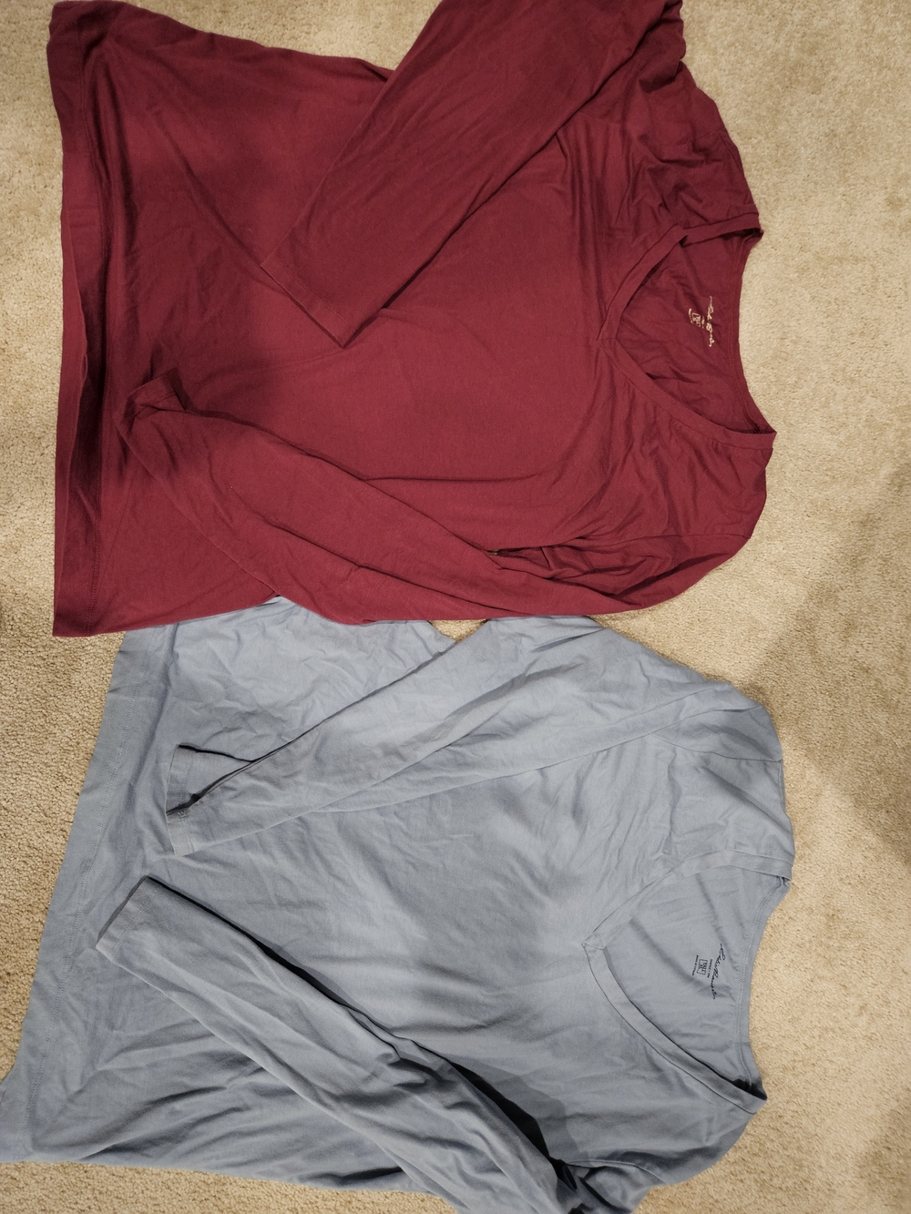 2 Eddie Bauer Slate Blue & Burgandy V-Neck Long Sleeve TeeS